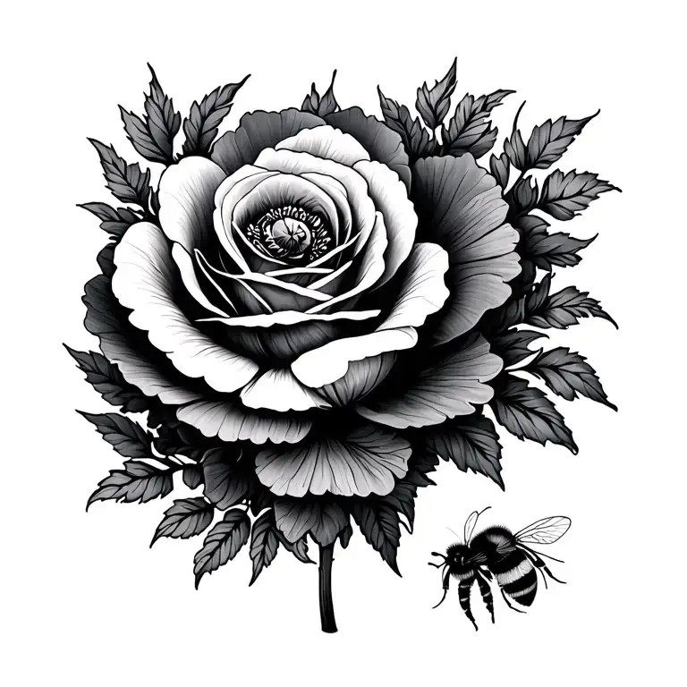 fine line poppy and rose with two bumble bees tattoo design idea