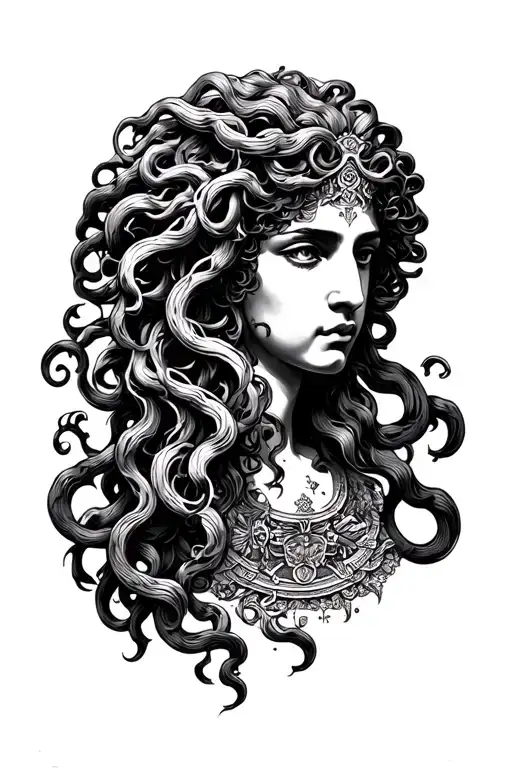 Versace and medusa greek mythology, cemetrical tattoo design idea