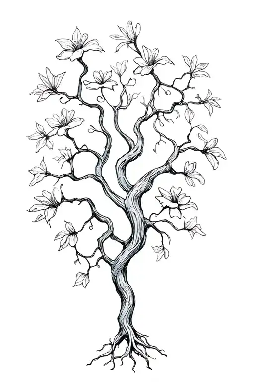 tangled roots with two stems evolving into one beautiful tree flowers tattoo design idea
