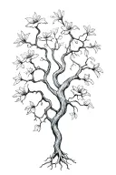 tangled roots with two stems evolving into one beautiful tree flowers tattoo design idea