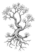 tangled roots with two stems evolving into one beautiful tree flowers tattoo design idea