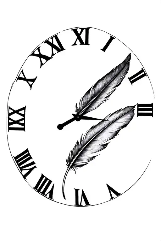 feather with 6 june 2003 roman numeral clock tattoo design idea