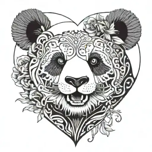 A panda holding a heart symbolizing love and compassion, surrounded by intricate blackwork patterns representing the struggles with depression and stress in life tattoo design idea