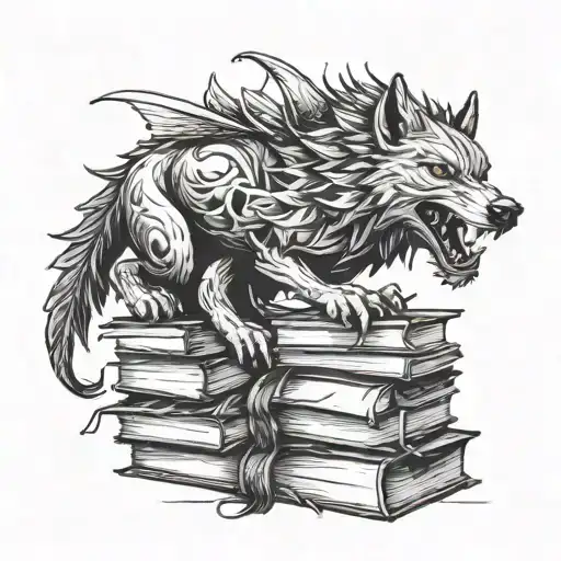 wolf, flying dragon, stack of books, tattoo design tattoo design idea