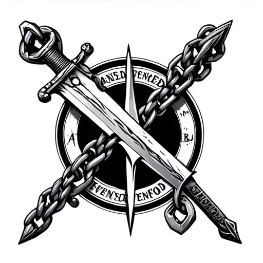 avenged sevenfold logo stab by sword and locked by chain in 4 direction tattoo design idea