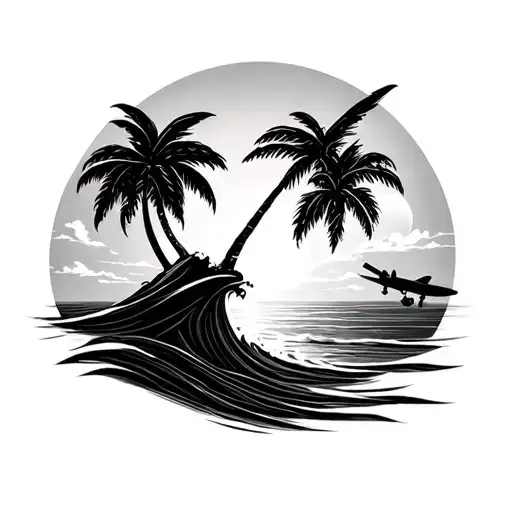 Palm tree, 6 friends, wave, sun, airplane tattoo design idea