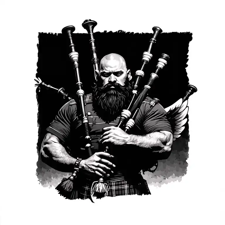 scottish bagpiper bald black beard muscular wearing glengarry pipes in arm wings tattoo design idea