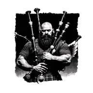 scottish bagpiper bald black beard muscular wearing glengarry pipes in arm wings tattoo design idea