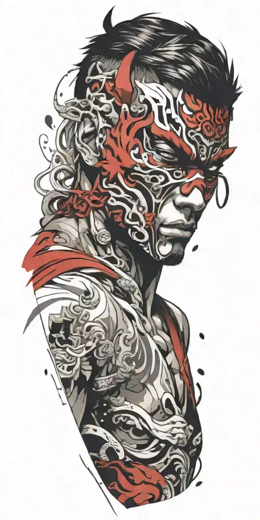 male anime character wearing oni mask fighting off inner demons  tattoo design idea