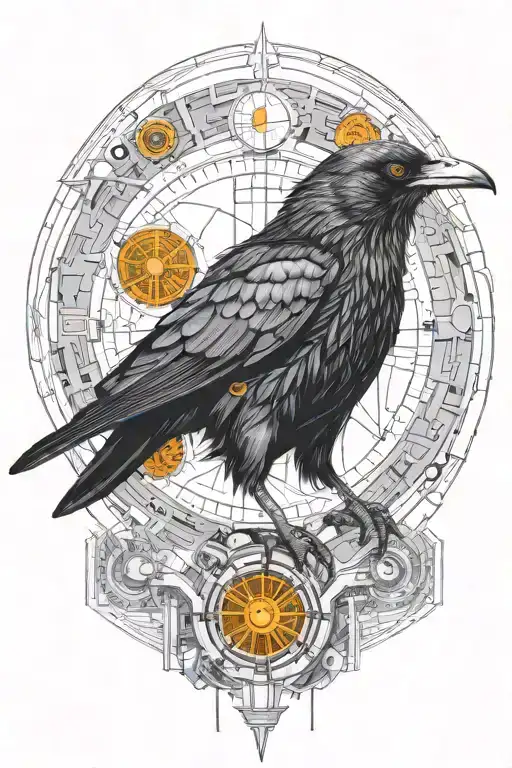 cyberpunk synthetic raven with orange robotic eyes inside cyber circle and microschemes high details tattoo design idea