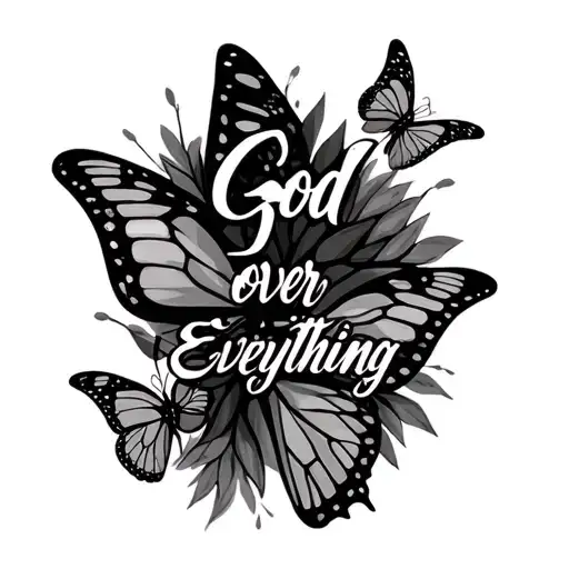 "God over everything" in cursive writing with one big butterfly and two small butterflies tattoo design idea