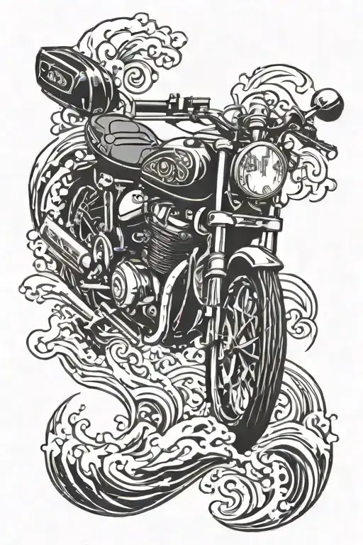 A tribal-inspired motor bike with ocean waves as the wheels tattoo design idea