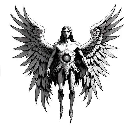 biblically accurate seraphim arranged in a humanoid figure with 6 wings and an eye centered where a chest would go tattoo design idea