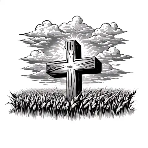 errie graveyard with a huge cross in the middle surround by clouds in a wheat field  tattoo design idea
