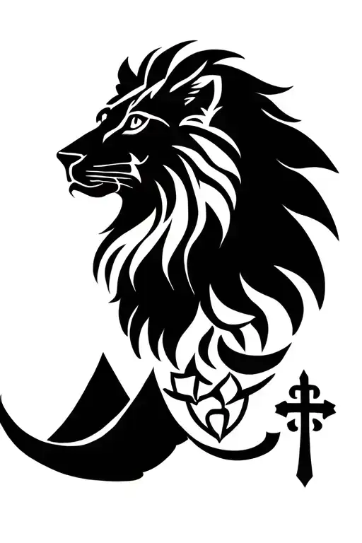 create a tattoo design that incorporates the shape of Ethiopia, the Ethiopian lion, the coptic cross, and mountains tattoo design idea