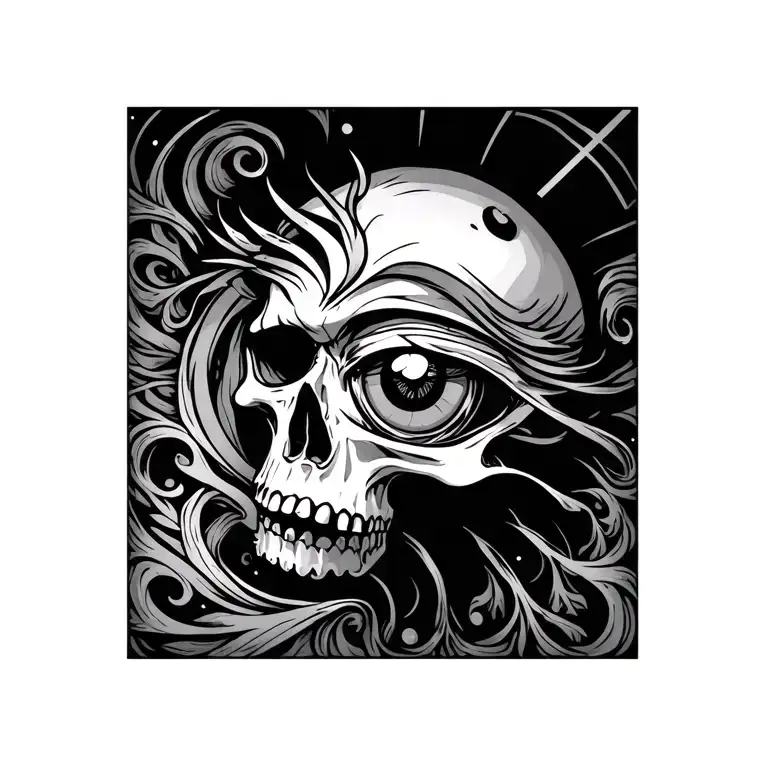 reverse cross, skull, rinnegan eye looking tattoo design idea