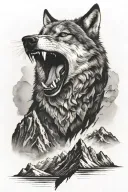 growling wolf face and rocky mountains inside tattoo design idea