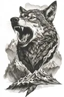 growling wolf face and rocky mountains inside tattoo design idea