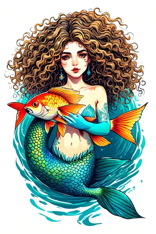 Mermaid with curly hair tattoo holding a coy fish swimming tattoo design idea
