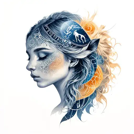 Woman with astrological signs mixture of bulls, scorpions, Gemini, Cancer and Lion tattoo design idea