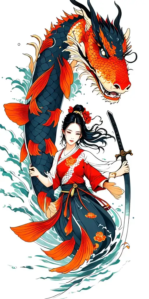A koi fish (left) swimming upstream towards a dragon (right). A woman holding a samurai sword in between the two. Surrou tattoo design idea