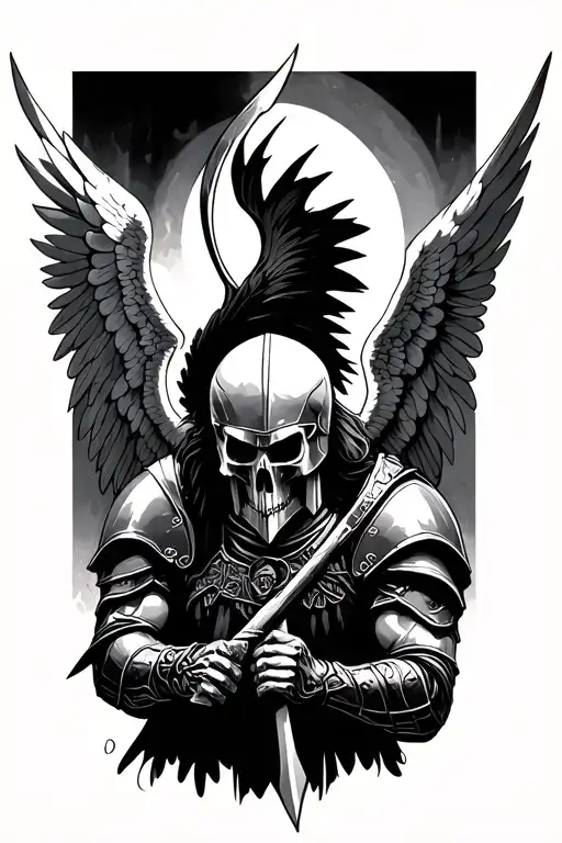 spartan war with the angel of death looking over tattoo design idea