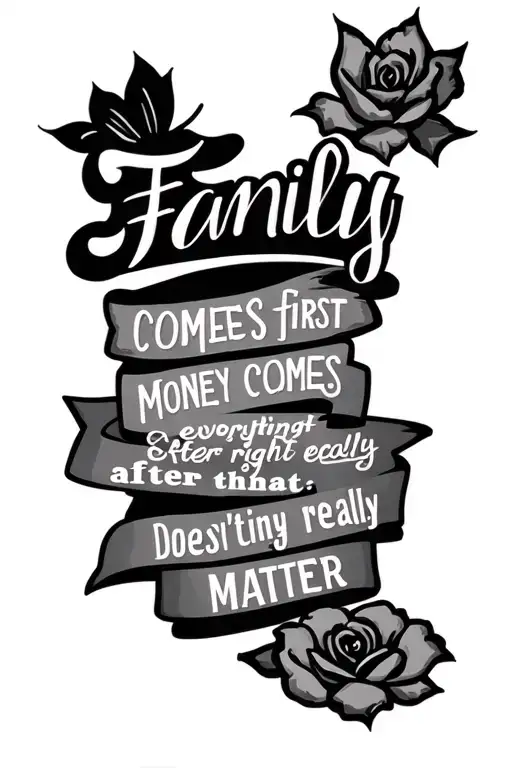 lettering " Family comes first Money comes right after that Everything else, Doesn’t really matter "  tattoo design idea
