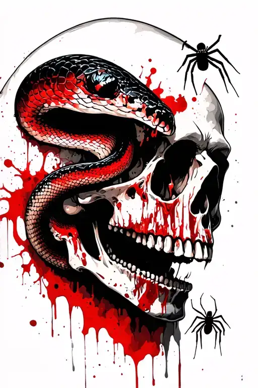 Zombie snake going through the eye of a skull and spiders crawling out mouth of a dead zombie person  tattoo design idea