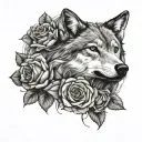 wolf face surrounded by roses tattoo design idea