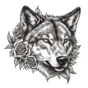 wolf face surrounded by roses tattoo design idea