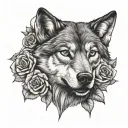 wolf face surrounded by roses tattoo design idea