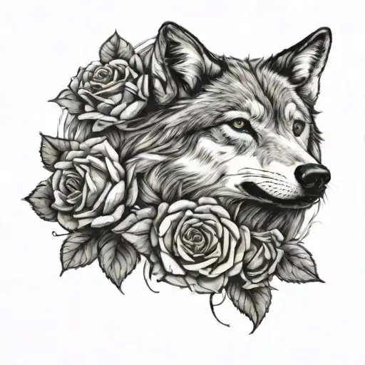 wolf face surrounded by roses tattoo design idea