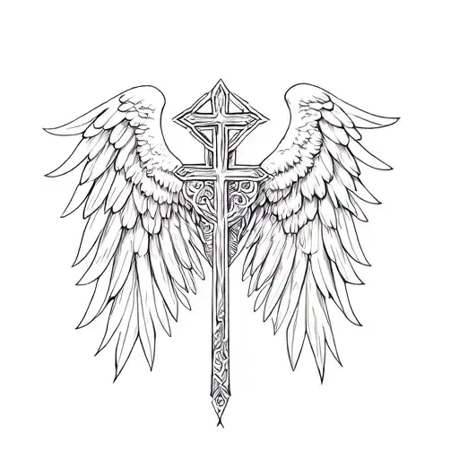 angel wings similar to hawk with cross tattoo design idea