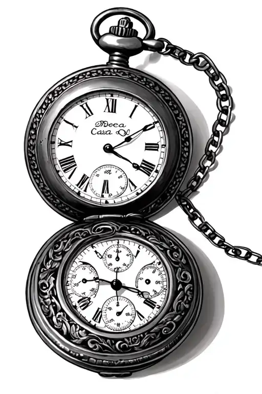 Old Open Pocket Watch with Chain and Written Thais 2005 - Rebeca 2006 - Caio 2010 tattoo design idea