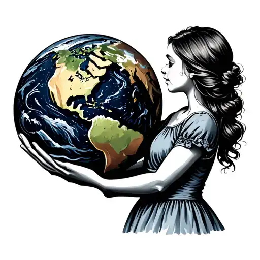 American traditional girl holding the earth in her arms, embracing it tattoo design idea