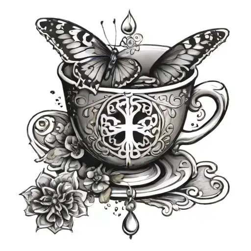 Irish Celtic cross, tea cup, butterfly, rain drops tattoo design idea