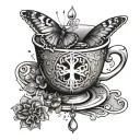 Irish Celtic cross, tea cup, butterfly, rain drops tattoo design idea