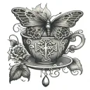 Irish Celtic cross, tea cup, butterfly, rain drops tattoo design idea