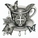 Irish Celtic cross, tea cup, butterfly, rain drops tattoo design idea