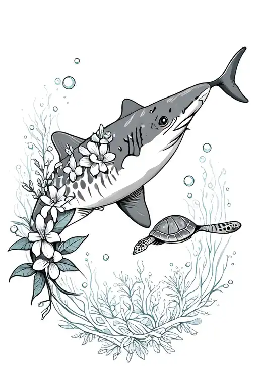 ocean, whale shark with a few flowers wrapped around it, manta ray, and turtle, water lines and a few bubbles tattoo design idea
