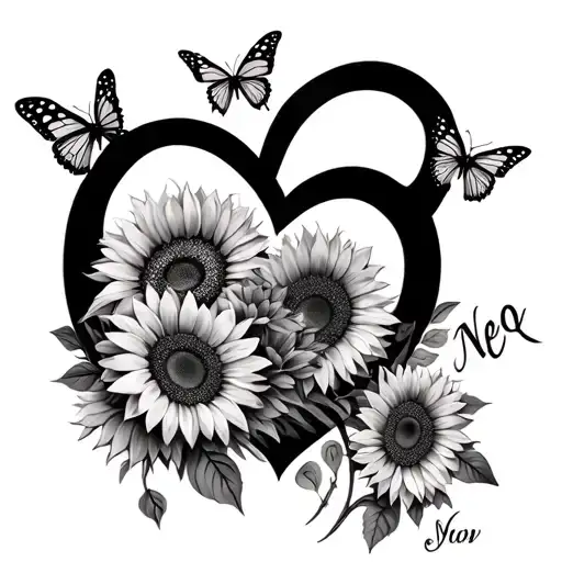 Infinity sign and heart with sunflowers and butterflies and name Neq tattoo design idea