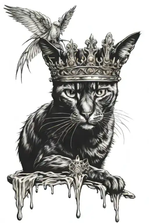 dripping crown, cat, knife and angel wing attached tattoo design idea