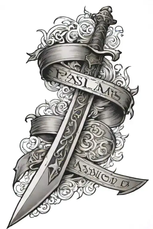 singular bastard d sword with a banner wrapping around the blade reading Psalms, 3:27 tattoo design idea