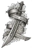 singular bastard d sword with a banner wrapping around the blade reading Psalms, 3:27 tattoo design idea