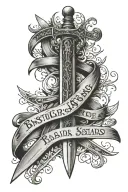 singular bastard d sword with a banner wrapping around the blade reading Psalms, 3:27 tattoo design idea