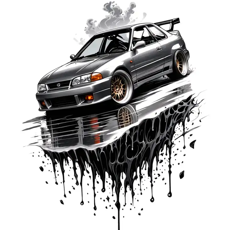 rising from the depths nissan r33 drift car surrounded tattoo design idea