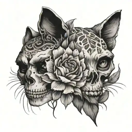 flower and skull cat tattoo design idea