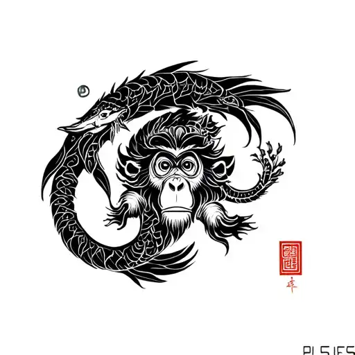 pisces, chinese monkey letter incorporated with a boho theme tattoo design idea