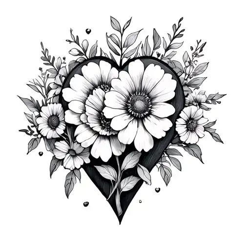 fine line tattoo with the birth flowers for march, january, july and august in a sacred heart tattoo design idea