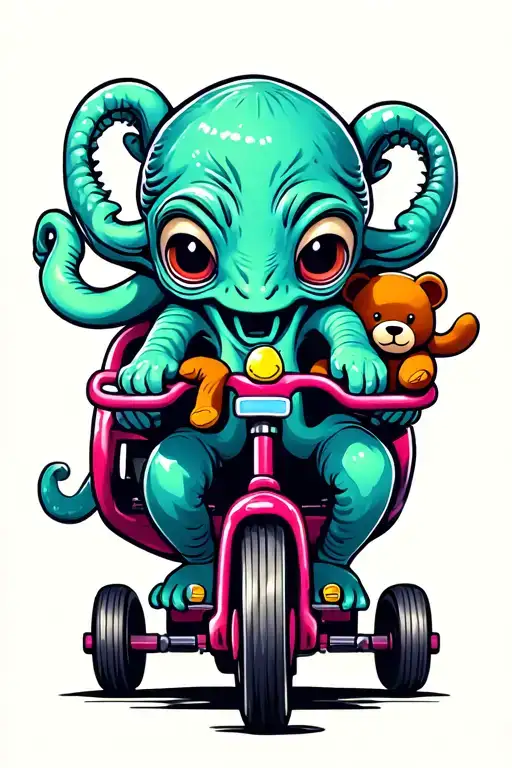 baby cthulhu riding tricycle and carrying a teddy bear tattoo design idea